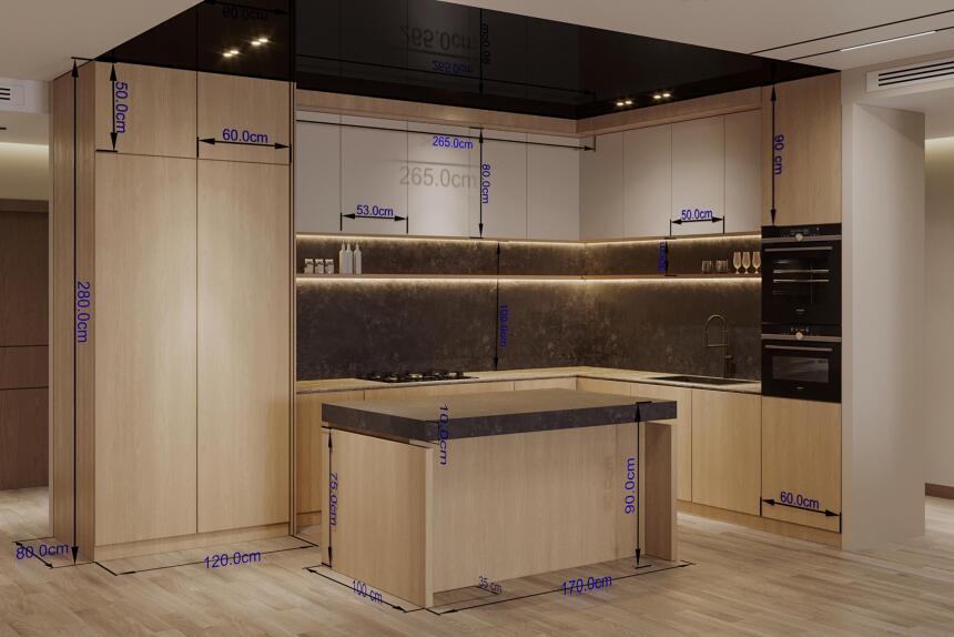 طراحی کابینت آشپزخانه مدرن چوبی با نقشه ابعاد و اندازه 