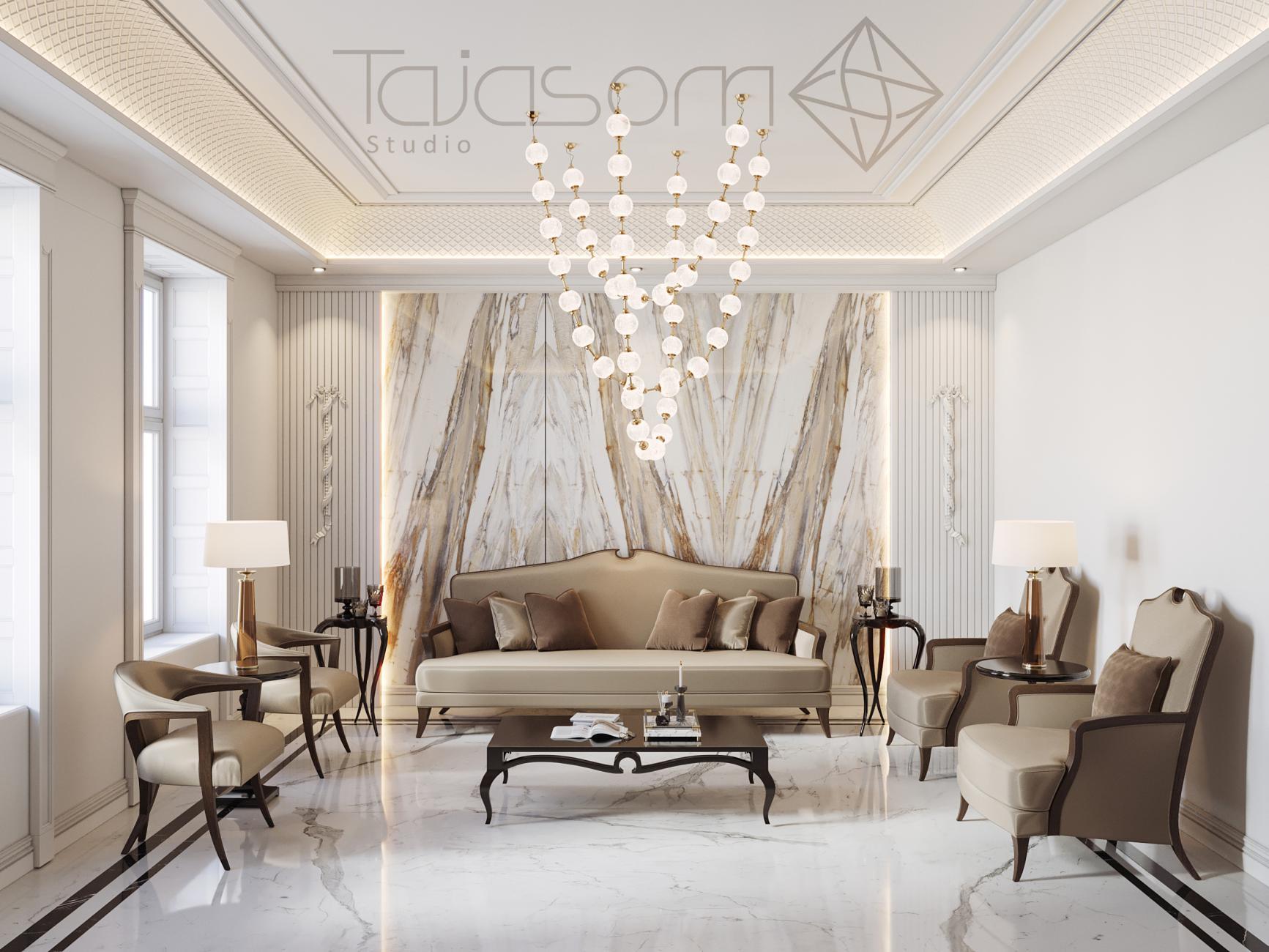  صحنه نشیمن کلاسیک با چیدمان لوکس و نورپردازی گرم 