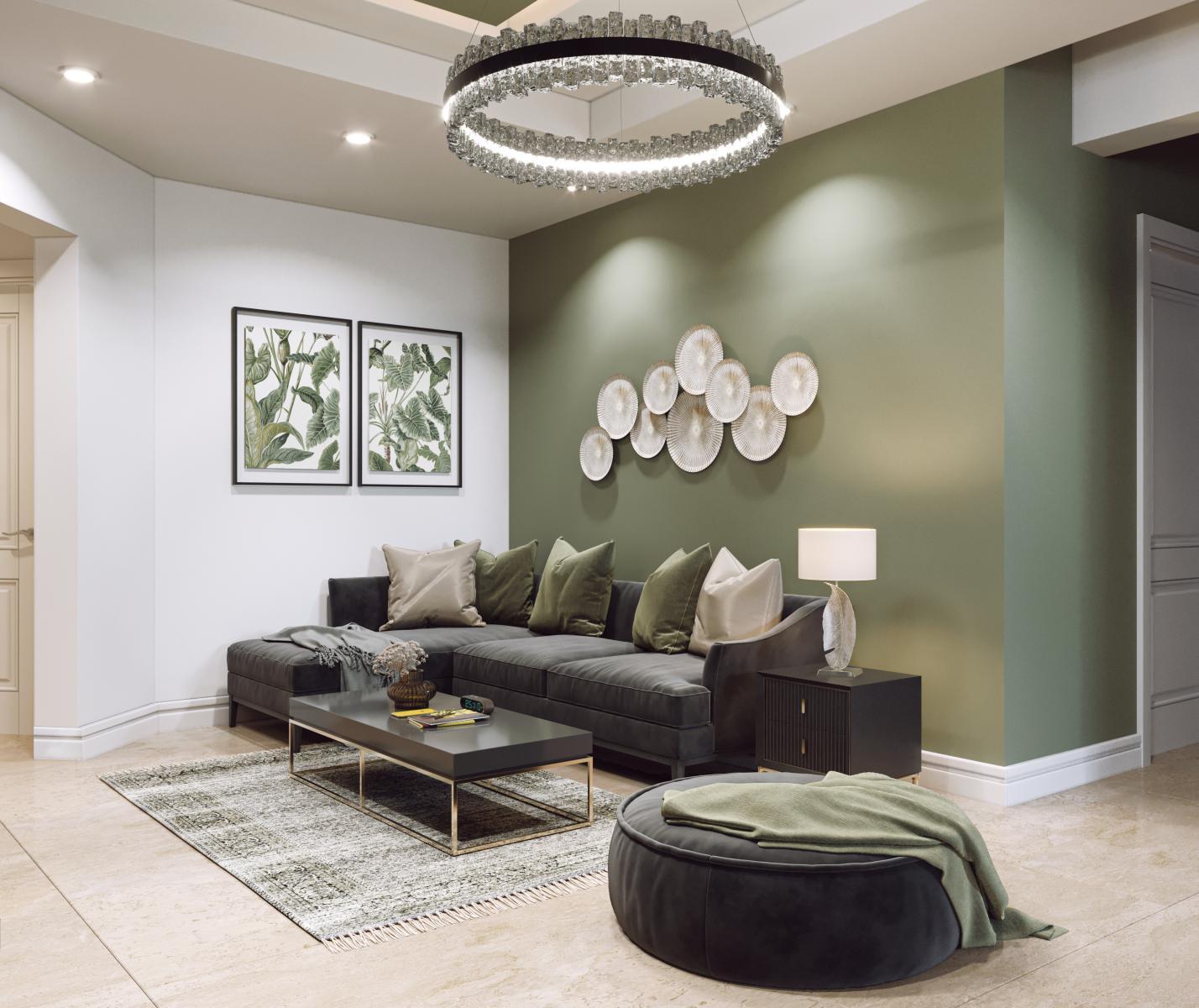  صحنه داخلی مدرن نشیمن با مبل خاکستری و دیوار سبز — رندر با نور طبیعی” 