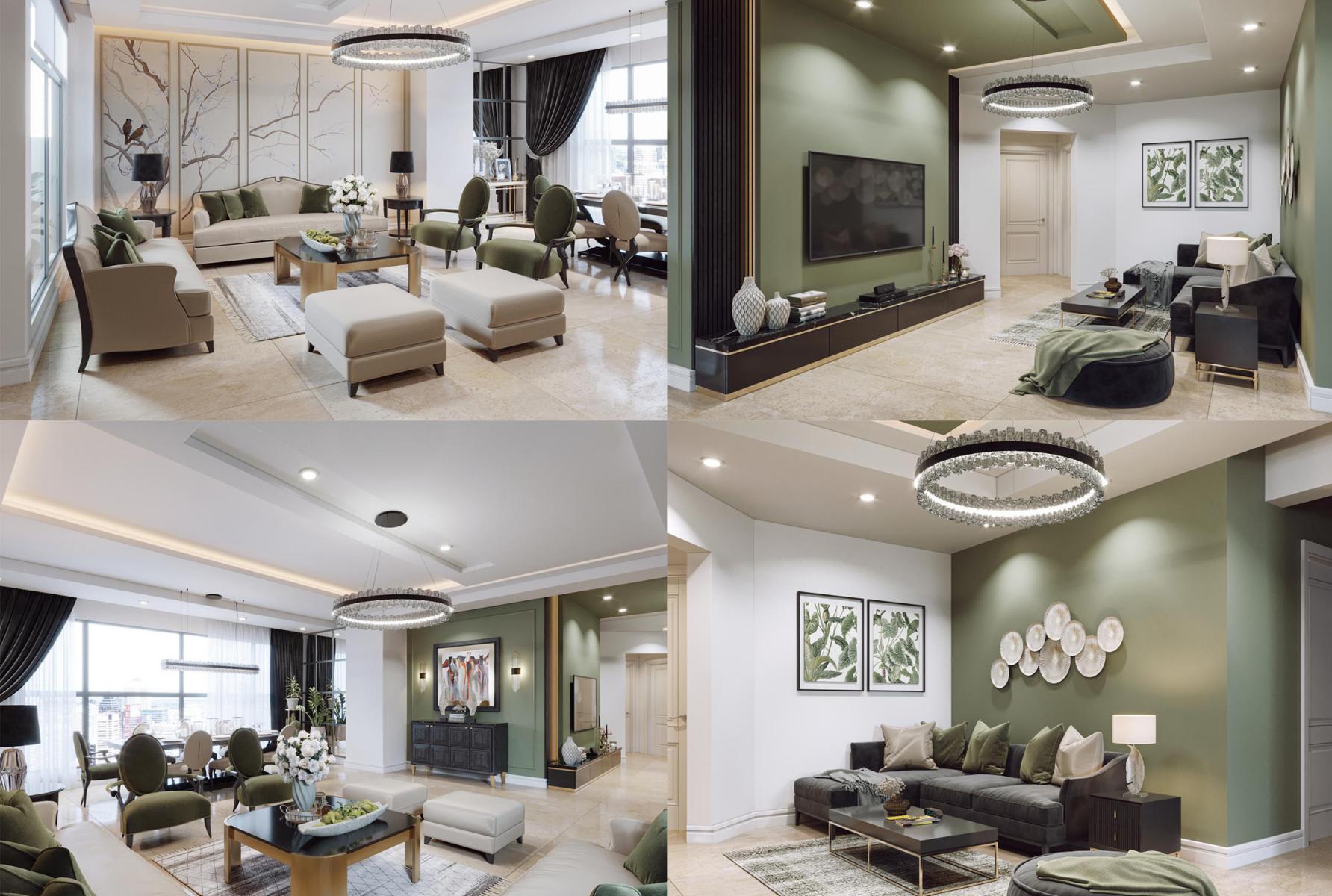  صحنه آماده رندر دکوراسیون داخلی نشیمن مدرن با تم سبز — صحنه 3D آماده برای 3ds Max و V-Ray” 