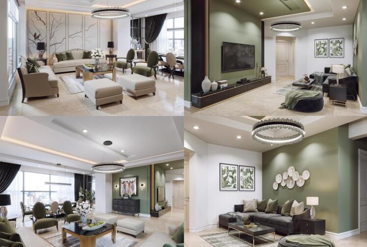 صحنه آماده رندر دکوراسیون داخلی نشیمن مدرن با تم سبز — صحنه 3D آماده برای 3ds Max و V-Ray”