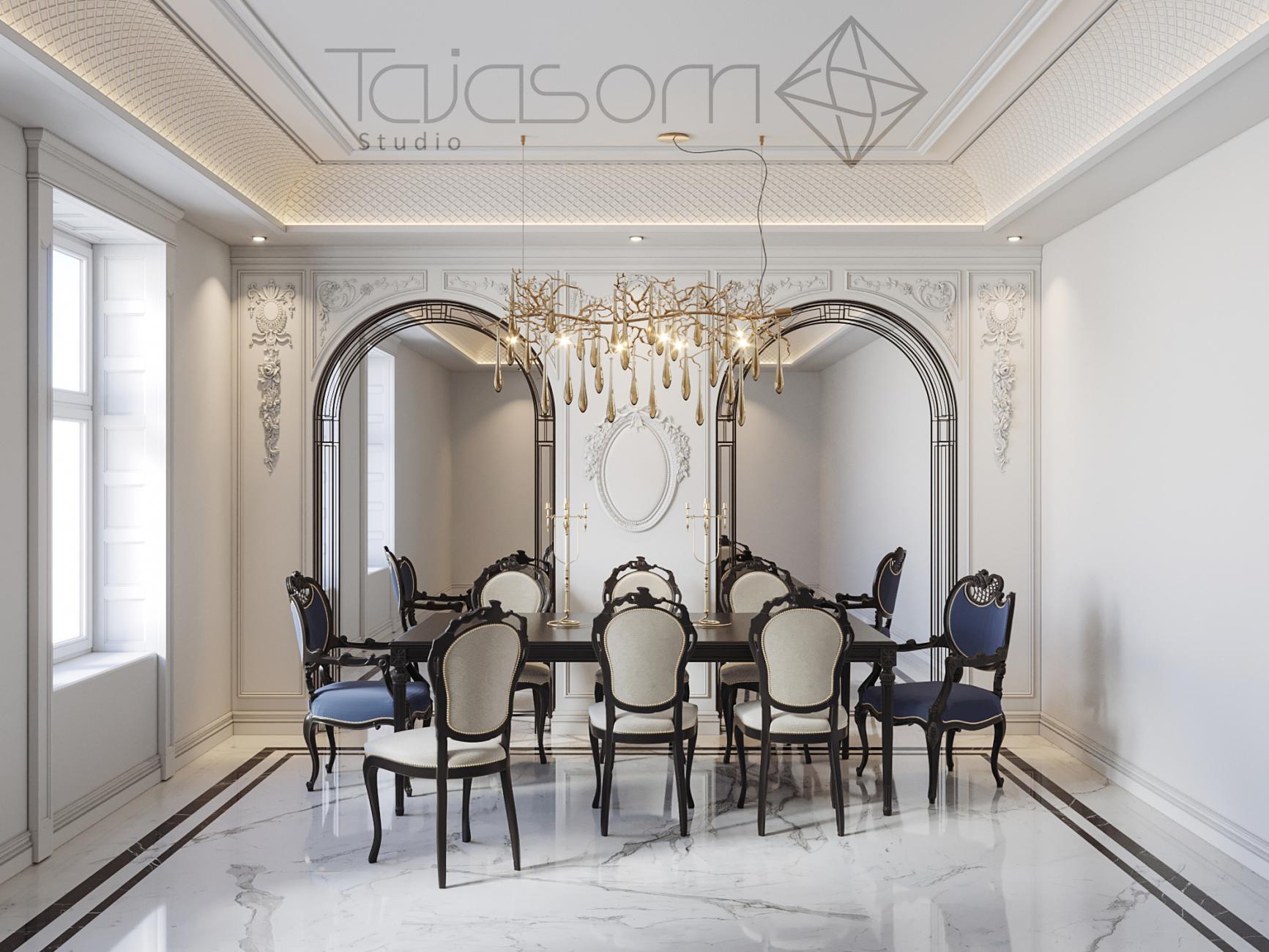  صحنه آماده رندر کلاسیک نهار خوری با نورپردازی استاندارد 